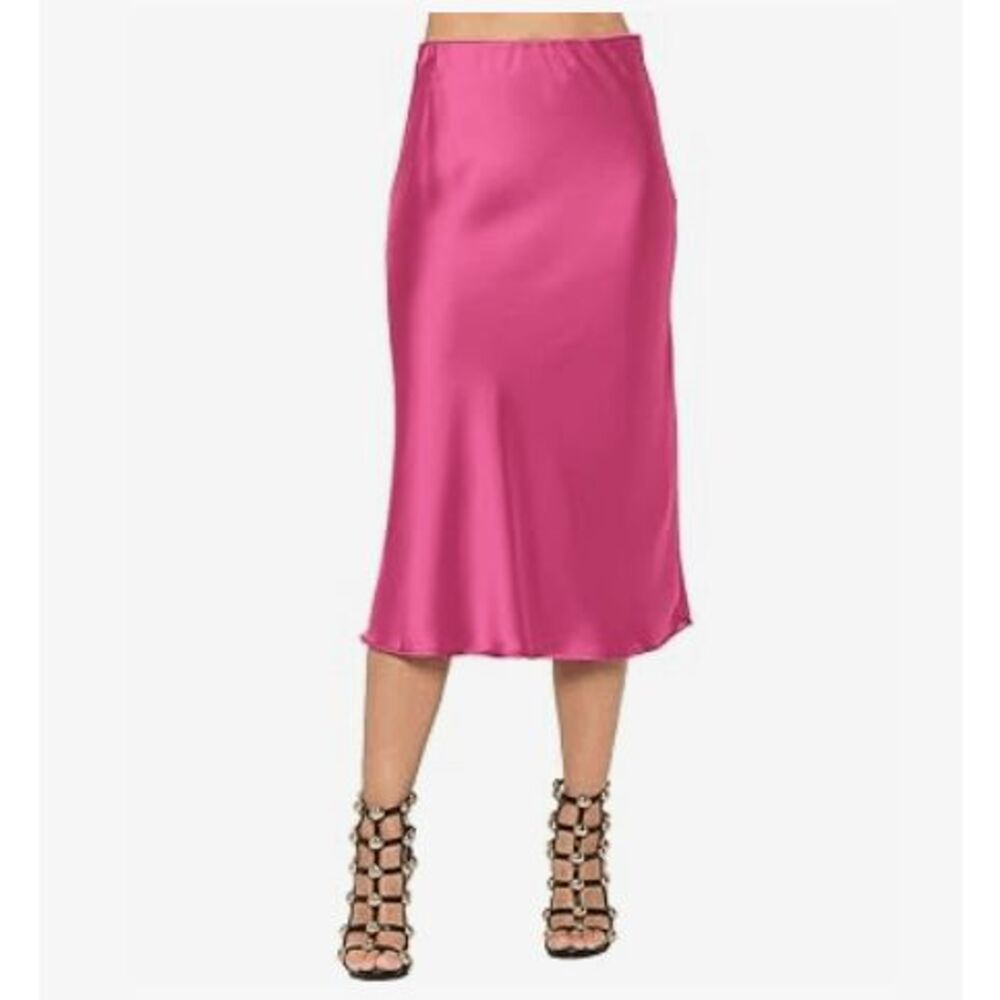 Renee C. Solid Satin Midi Skirt Deep Rose Pink Elastic Waist Pull On Size Medium